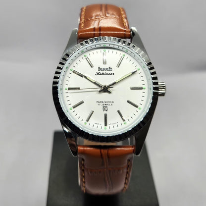 Vintage MOD HMT Kohinoor Hand Winding Fluted Bazel White Face Brown Strap Men's Wrist Watch