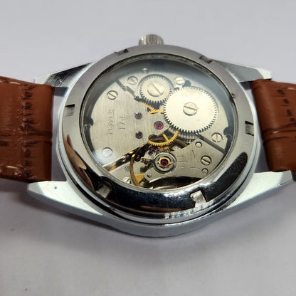 Vintage MOD HMT Kohinoor Hand Winding Fluted Bazel White Face Brown Strap Men's Wrist Watch