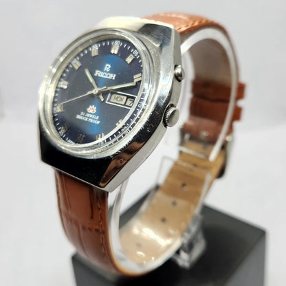 Vintage Ricoh R31 Automatic Blue Face Brown Strap 21 Jewels Day-Date Men's Wrist Watch R41