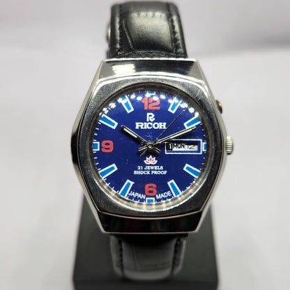 Vintage Ricoh R31 Automatic Blue Face New Strap 21 Jewels Day-Date Men's Wrist Watch R42