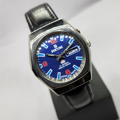 Vintage Ricoh R31 Automatic Blue Face New Strap 21 Jewels Day-Date Men's Wrist Watch R42