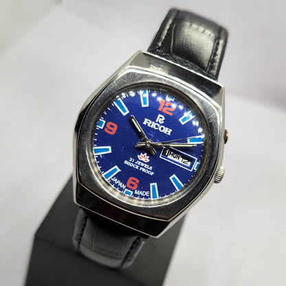 Vintage Ricoh R31 Automatic Blue Face New Strap 21 Jewels Day-Date Men's Wrist Watch R42