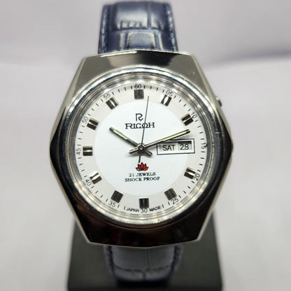Vintage Ricoh R31 Automatic White Face New Strap 21 Jewels Day-Date Men's Wrist Watch R43