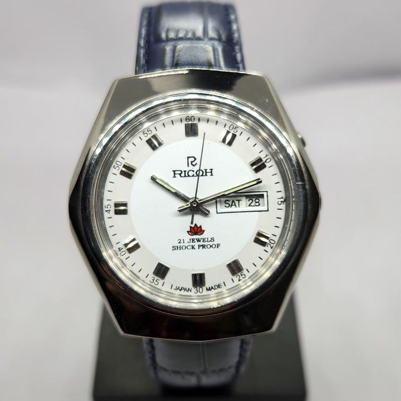 Vintage Ricoh R31 Automatic White Face New Strap 21 Jewels Day-Date Men's Wrist Watch R43