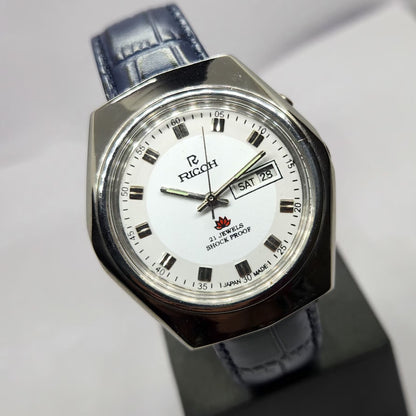 Vintage Ricoh R31 Automatic White Face New Strap 21 Jewels Day-Date Men's Wrist Watch R43
