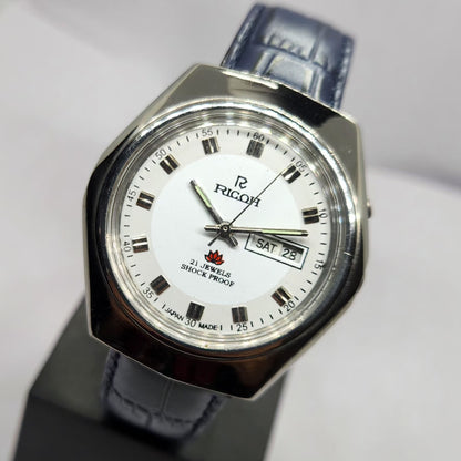 Vintage Ricoh R31 Automatic White Face New Strap 21 Jewels Day-Date Men's Wrist Watch R43
