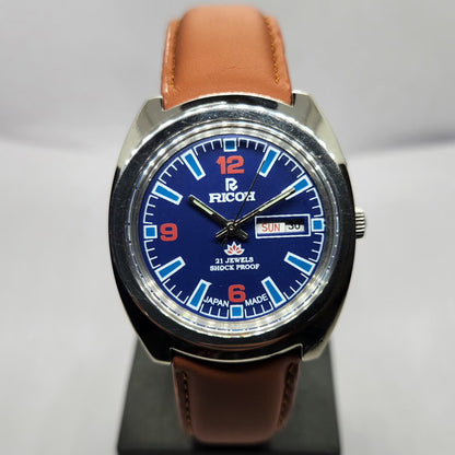 Vintage Ricoh R31 Automatic Blue Face New Strap 21 Jewels Day-Date Men's Wrist Watch R44