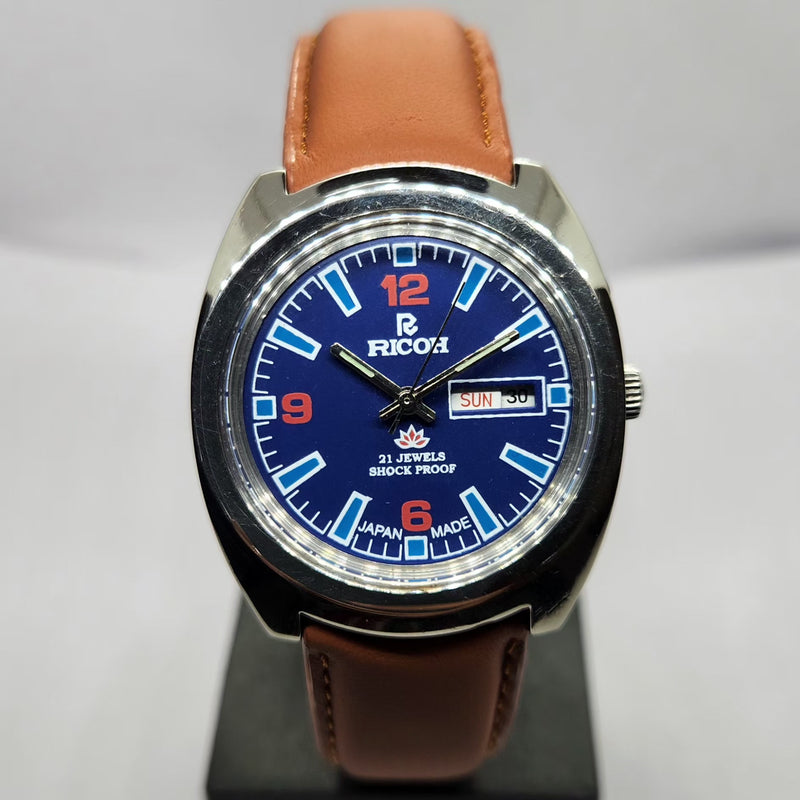 Vintage Ricoh R31 Automatic Blue Face New Strap 21 Jewels Day-Date Men's Wrist Watch R44