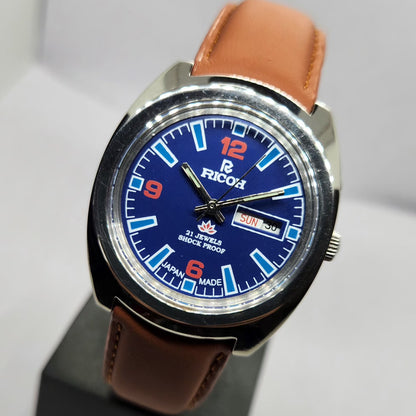 Vintage Ricoh R31 Automatic Blue Face New Strap 21 Jewels Day-Date Men's Wrist Watch R44