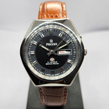 Vintage Ricoh R31 Automatic Black Face New Strap 21 Jewels Day-Date Men's Wrist Watch R45