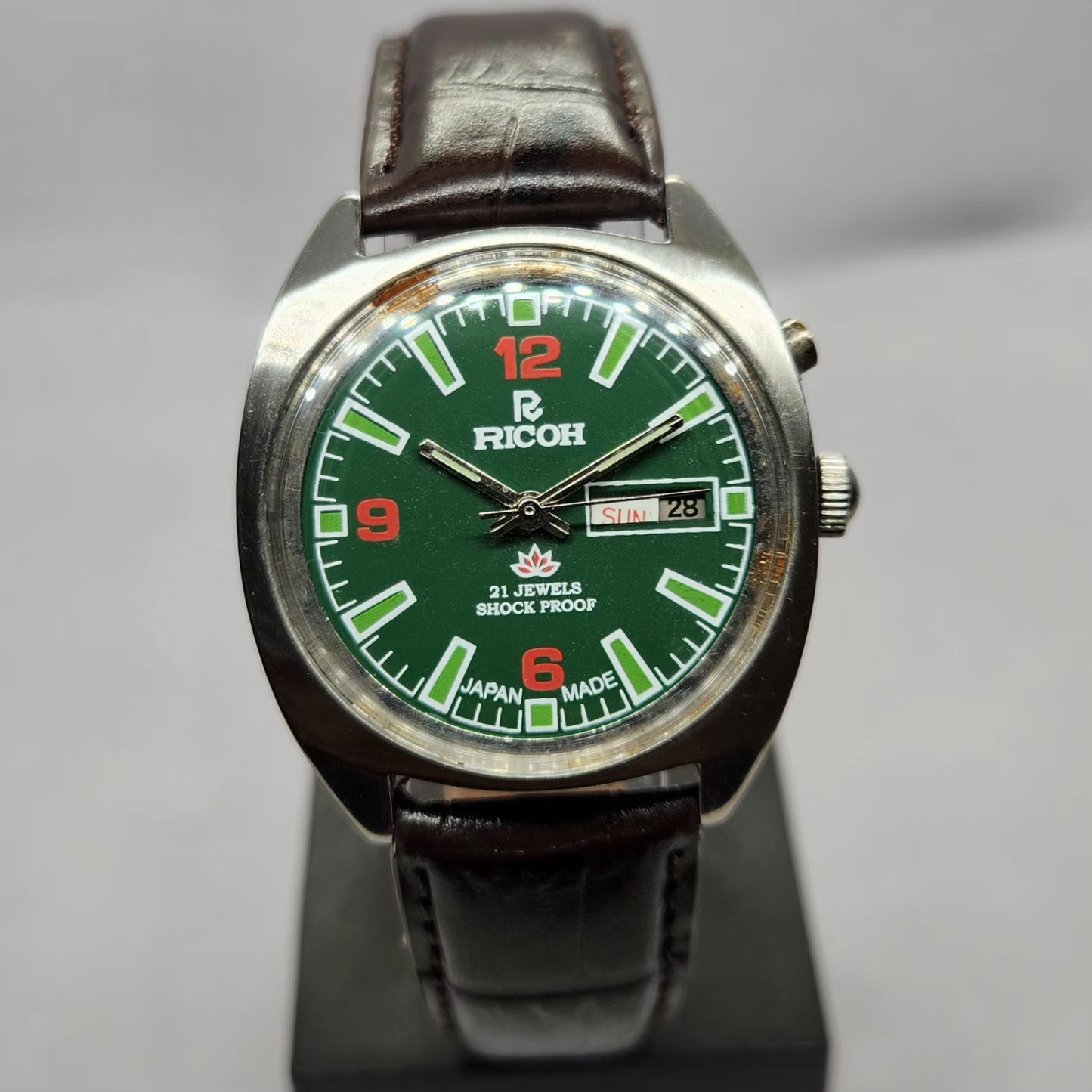 Vintage Ricoh R31 Automatic Green Face New Strap 21 Jewels Day-Date Men's Wrist Watch R46