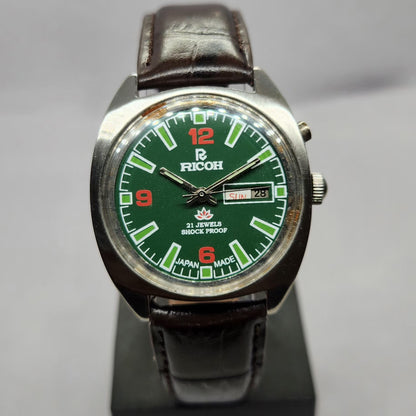 Vintage Ricoh R31 Automatic Green Face New Strap 21 Jewels Day-Date Men's Wrist Watch R46