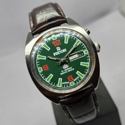 Vintage Ricoh R31 Automatic Green Face New Strap 21 Jewels Day-Date Men's Wrist Watch R46