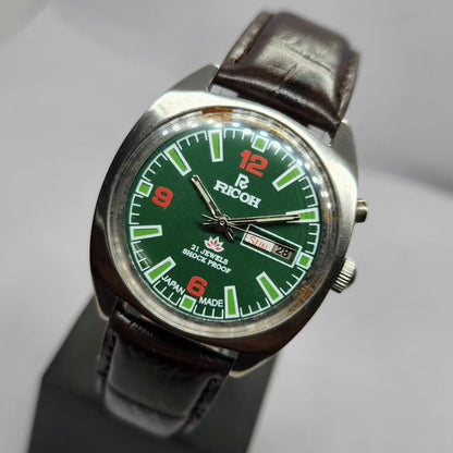 Vintage Ricoh R31 Automatic Green Face New Strap 21 Jewels Day-Date Men's Wrist Watch R46