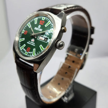 Vintage Ricoh R31 Automatic Green Face New Strap 21 Jewels Day-Date Men's Wrist Watch R46