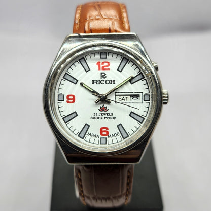 Vintage Ricoh R31 Automatic White Face New Strap 21 Jewels Day-Date Men's Wrist Watch R47