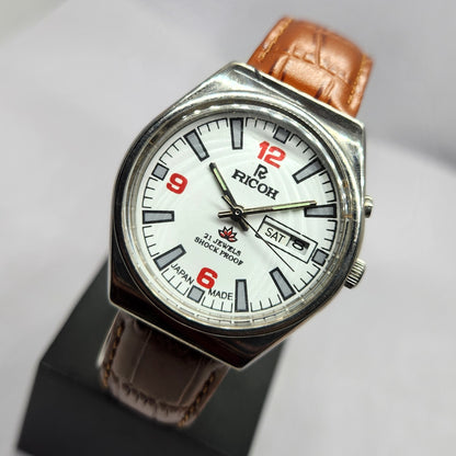 Vintage Ricoh R31 Automatic White Face New Strap 21 Jewels Day-Date Men's Wrist Watch R47