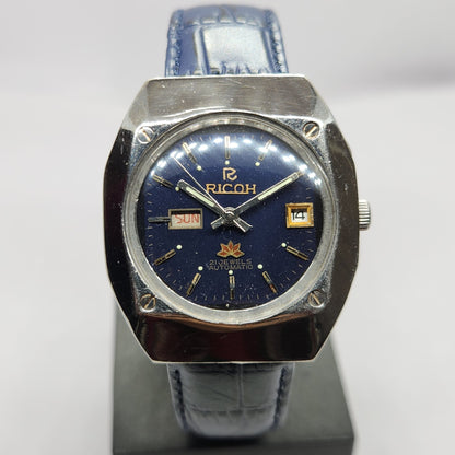 Vintage Ricoh R31 Automatic Blue Face New Strap 21 Jewels Day-Date Men's Wrist Watch R48