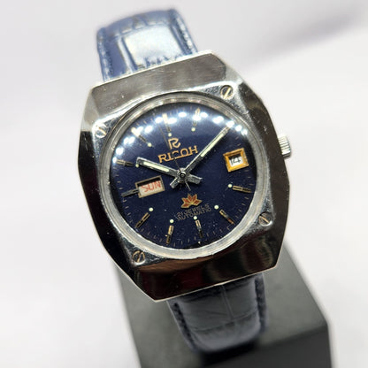 Vintage Ricoh R31 Automatic Blue Face New Strap 21 Jewels Day-Date Men's Wrist Watch R48