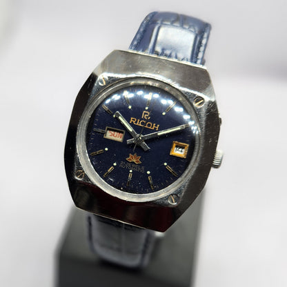 Vintage Ricoh R31 Automatic Blue Face New Strap 21 Jewels Day-Date Men's Wrist Watch R48