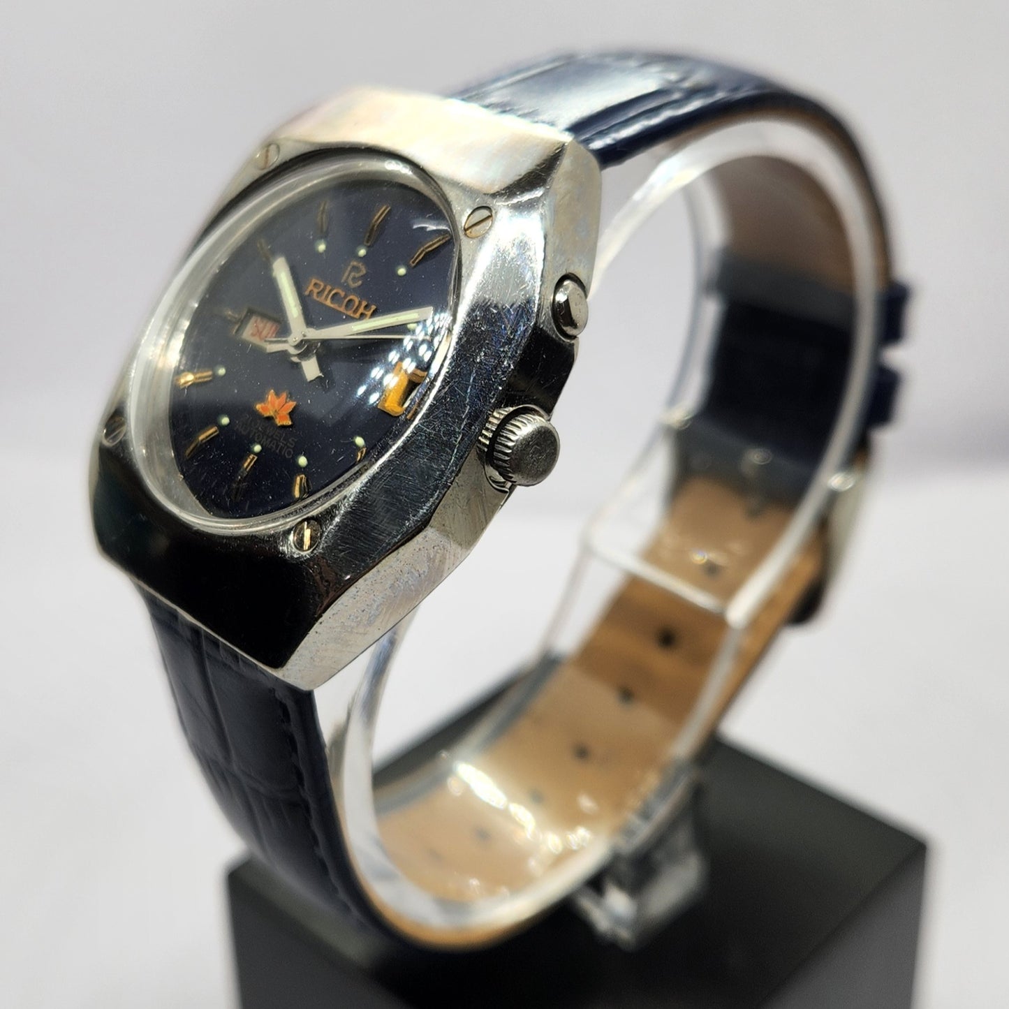 Vintage Ricoh R31 Automatic Blue Face New Strap 21 Jewels Day-Date Men's Wrist Watch R48