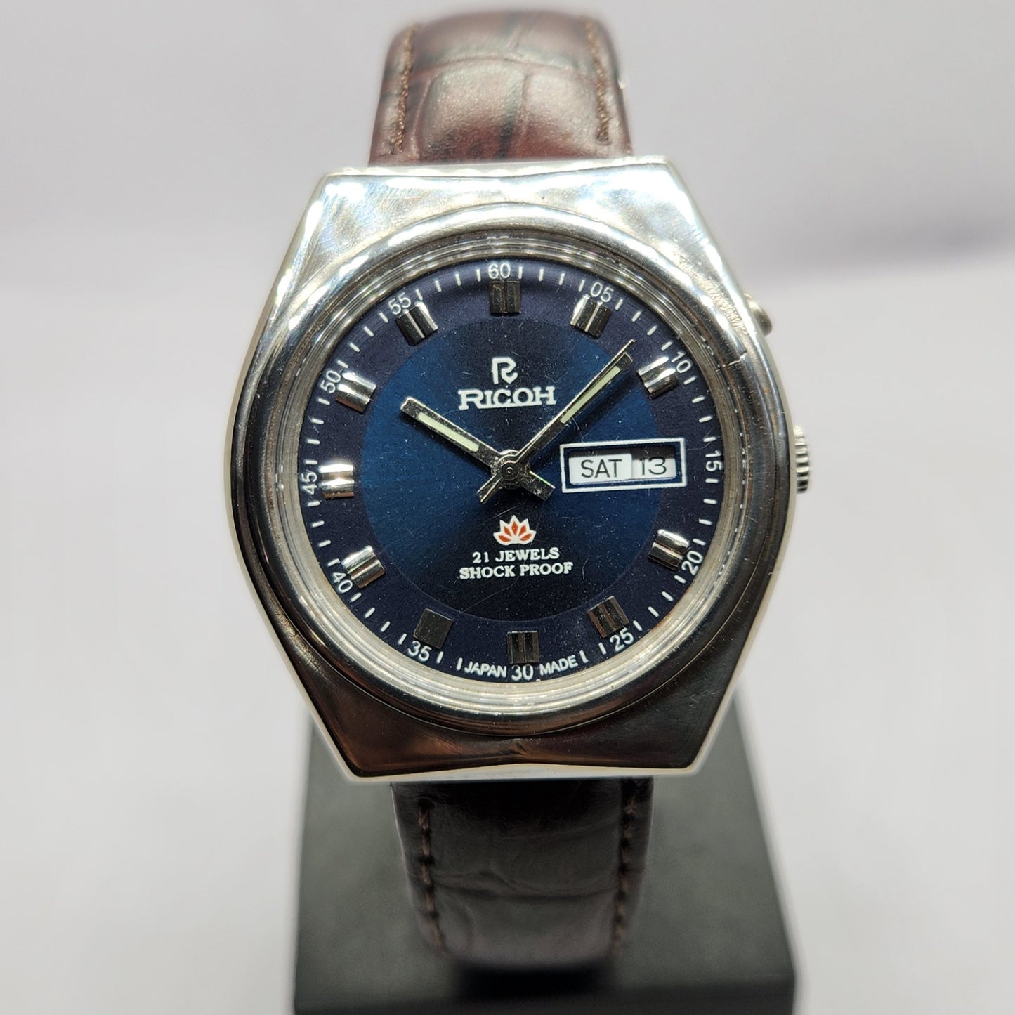 Vintage Ricoh R31 Automatic Blue Face New Strap 21 Jewels Day-Date Men's Wrist Watch R49