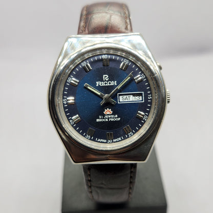 Vintage Ricoh R31 Automatic Blue Face New Strap 21 Jewels Day-Date Men's Wrist Watch R49