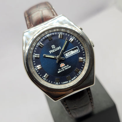 Vintage Ricoh R31 Automatic Blue Face New Strap 21 Jewels Day-Date Men's Wrist Watch R49