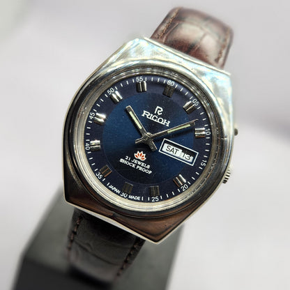 Vintage Ricoh R31 Automatic Blue Face New Strap 21 Jewels Day-Date Men's Wrist Watch R49