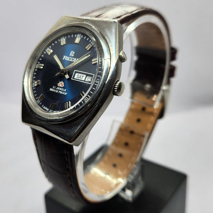 Vintage Ricoh R31 Automatic Blue Face New Strap 21 Jewels Day-Date Men's Wrist Watch R49