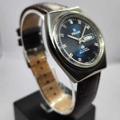 Vintage Ricoh R31 Automatic Blue Face New Strap 21 Jewels Day-Date Men's Wrist Watch R49