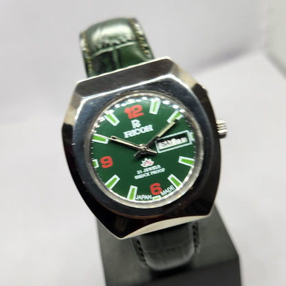 Vintage Ricoh R31 Automatic Green Face New Strap 21 Jewels Day-Date Men's Wrist Watch R50
