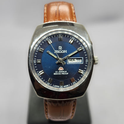 Vintage Ricoh R31 Automatic Blue Face New Strap 21 Jewels Day-Date Men's Wrist Watch R51