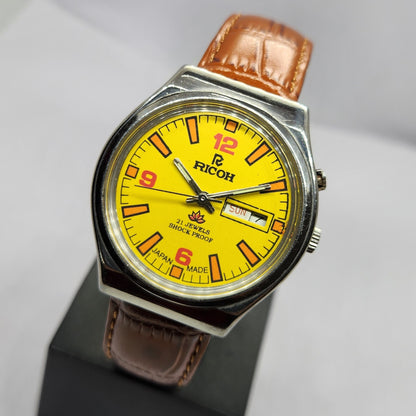 Vintage Ricoh R31 Automatic Yellow Face New Strap 21 Jewels Day-Date Men's Wrist Watch R52
