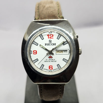 Vintage Ricoh R31 Automatic White Face New Strap 21 Jewels Day-Date Men's Wrist Watch R53