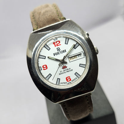 Vintage Ricoh R31 Automatic White Face New Strap 21 Jewels Day-Date Men's Wrist Watch R53