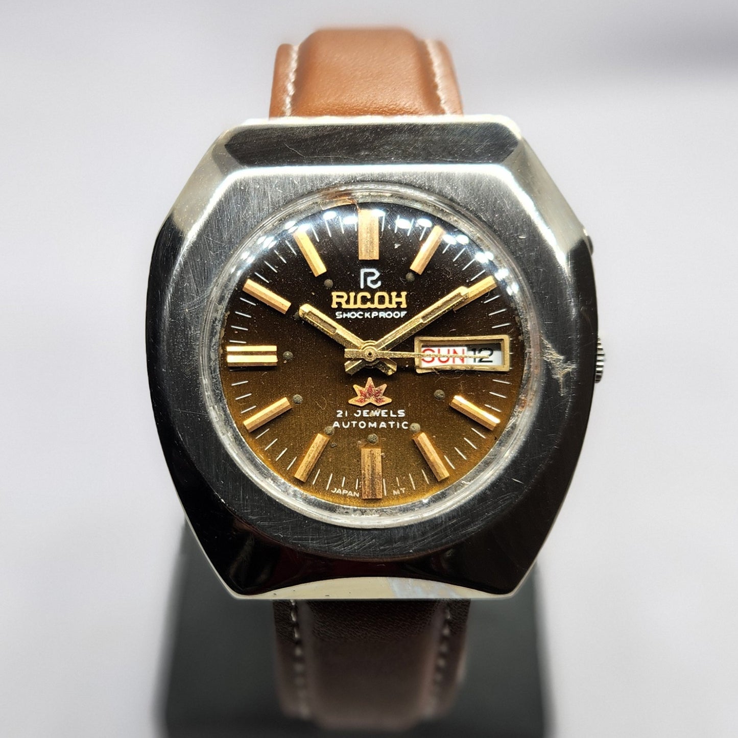 Vintage Ricoh R31 Automatic Brown Face New Strap 21 Jewels Day-Date Men's Wrist Watch R54