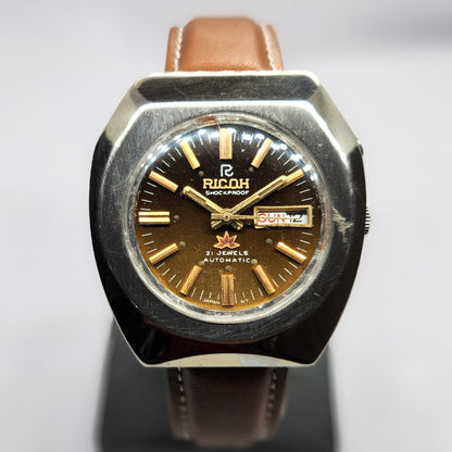 Vintage Ricoh R31 Automatic Brown Face New Strap 21 Jewels Day-Date Men's Wrist Watch R54