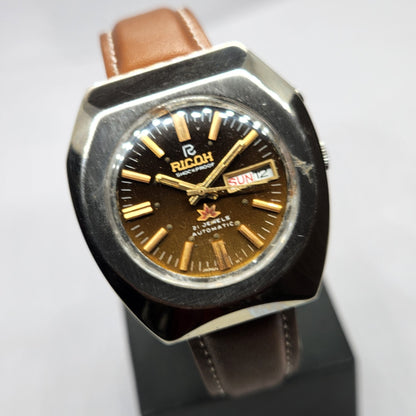 Vintage Ricoh R31 Automatic Brown Face New Strap 21 Jewels Day-Date Men's Wrist Watch R54