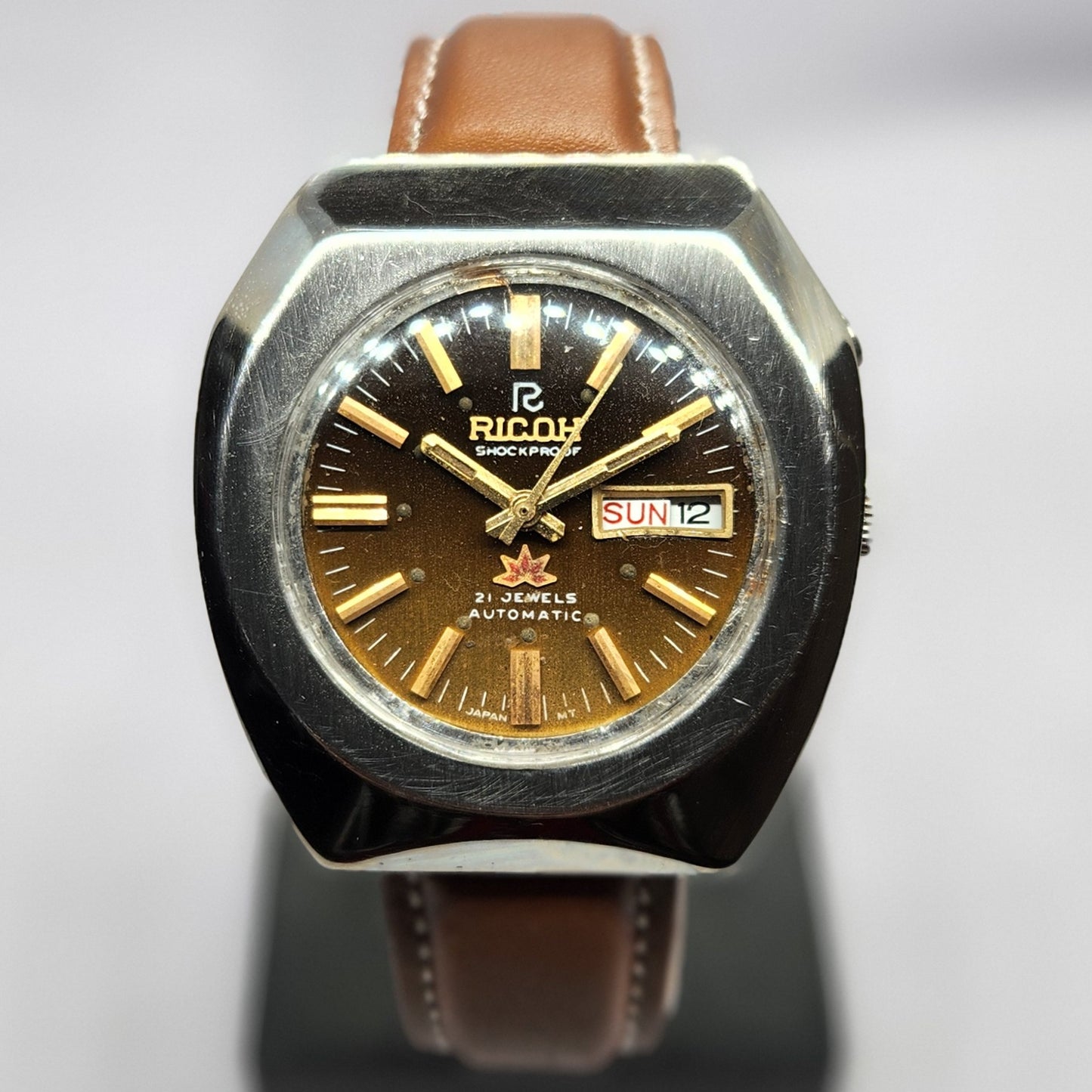 Vintage Ricoh R31 Automatic Brown Face New Strap 21 Jewels Day-Date Men's Wrist Watch R54