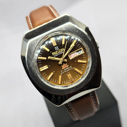 Vintage Ricoh R31 Automatic Brown Face New Strap 21 Jewels Day-Date Men's Wrist Watch R54