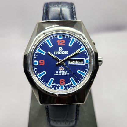 Vintage Ricoh R31 Automatic Blue Face New Strap 21 Jewels Day-Date Men's Wrist Watch R55