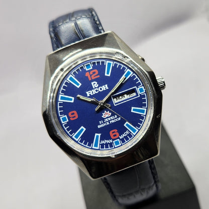 Vintage Ricoh R31 Automatic Blue Face New Strap 21 Jewels Day-Date Men's Wrist Watch R55