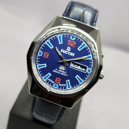 Vintage Ricoh R31 Automatic Blue Face New Strap 21 Jewels Day-Date Men's Wrist Watch R55