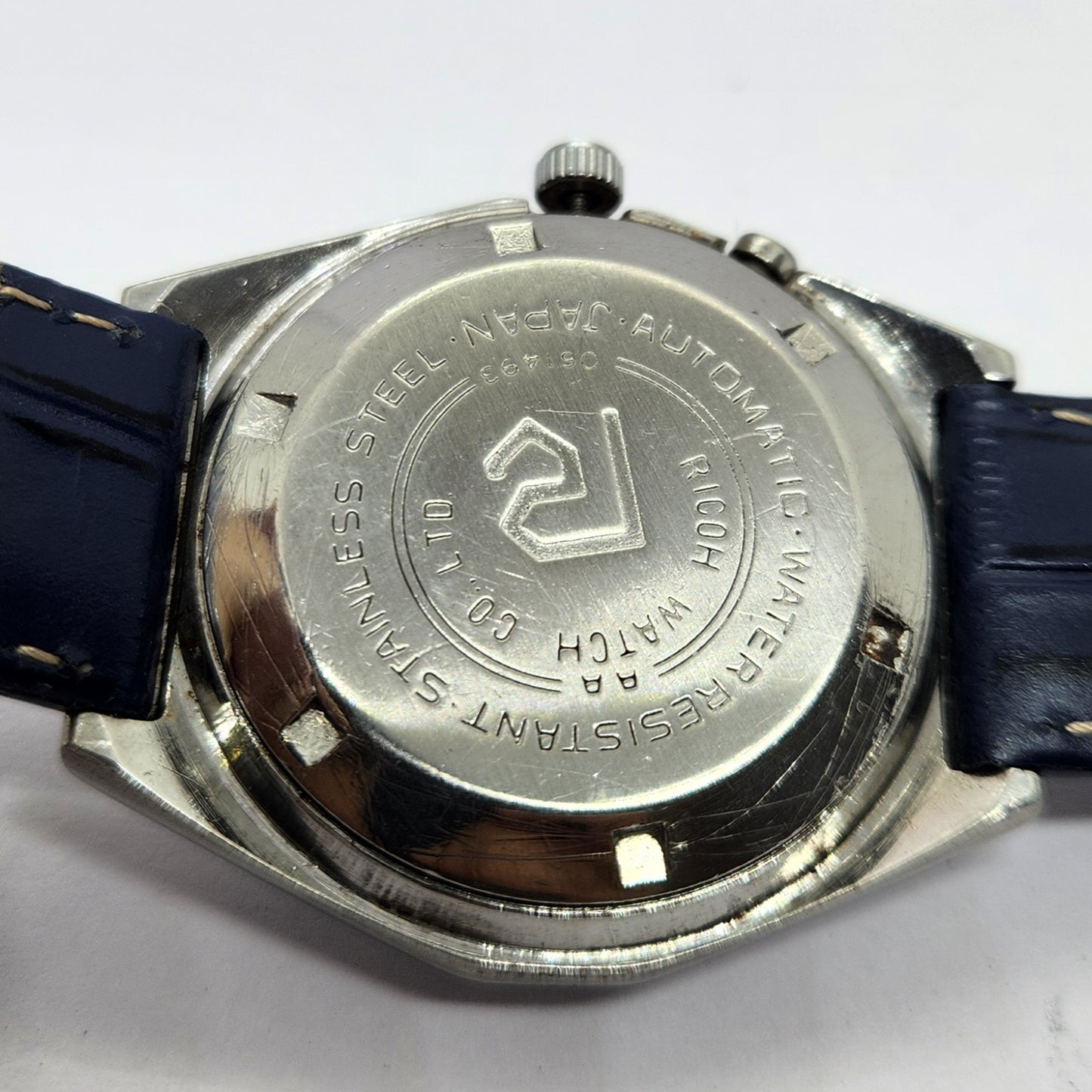 Vintage Ricoh R31 Automatic Blue Face New Strap 21 Jewels Day-Date Men's Wrist Watch R55