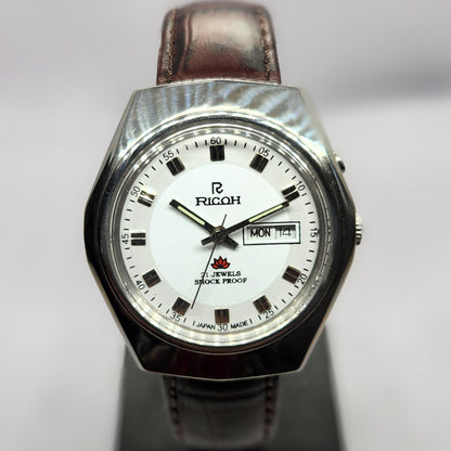 Vintage Ricoh R31 Automatic White Face New Strap 21 Jewels Day-Date Men's Wrist Watch R57