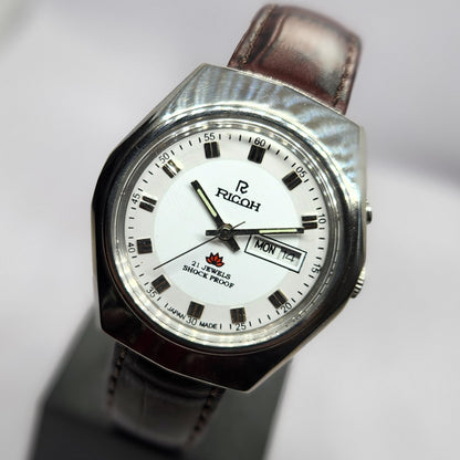 Vintage Ricoh R31 Automatic White Face New Strap 21 Jewels Day-Date Men's Wrist Watch R57