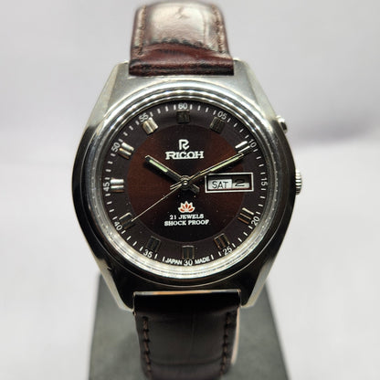 Vintage Ricoh R31 Automatic Brown Face New Strap 21 Jewels Day-Date Men's Wrist Watch R58