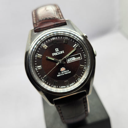 Vintage Ricoh R31 Automatic Brown Face New Strap 21 Jewels Day-Date Men's Wrist Watch R58