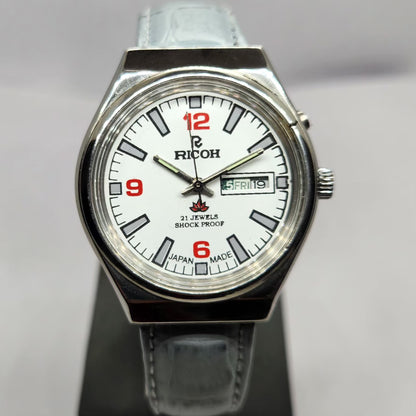 Vintage Ricoh R31 Automatic White Face New Strap 21 Jewels Day-Date Men's Wrist Watch R60